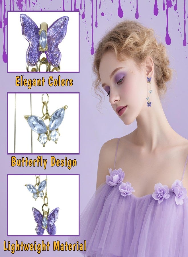 Voiiake Purple Butterfly Earrings for Women with Lavender Dress, Sparkle Crystal Halloween Dangle Earrings for Fairy Dress, Butterfly Costume & Singer Costume Outfits - Image 3